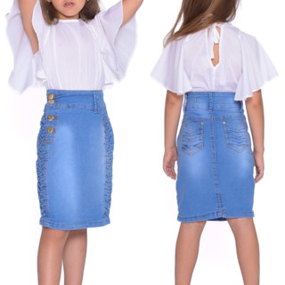 Saia Jeans Moda Evangélica Pince Clara Juvenil 7PALLAS