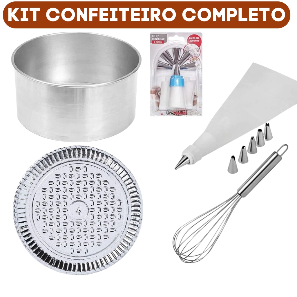 FORMA DE BOLO CONFEITEIRO KIT COMPLETO C/ 10 PÇS - 1 FUE + 6 BICO DE CONFEITAR + 1 SACO DE CONFEITAR + 1 FORMA + 1 PRATO