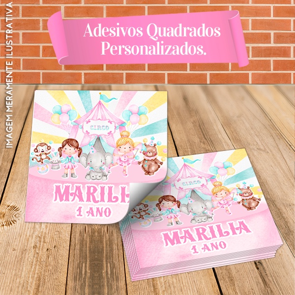 Rótulos Adesivos Quadrados Personalizados Circo Rosa Menina Aquarelado