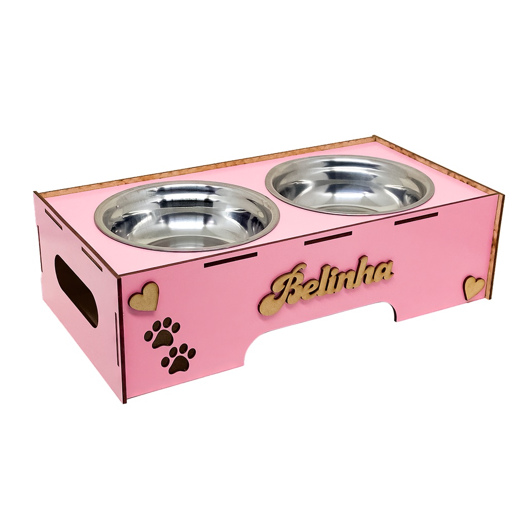 Comedouro Cachorro e Gato com Nome Personalizado Elevado Duplo C/ 2 Potes Inox