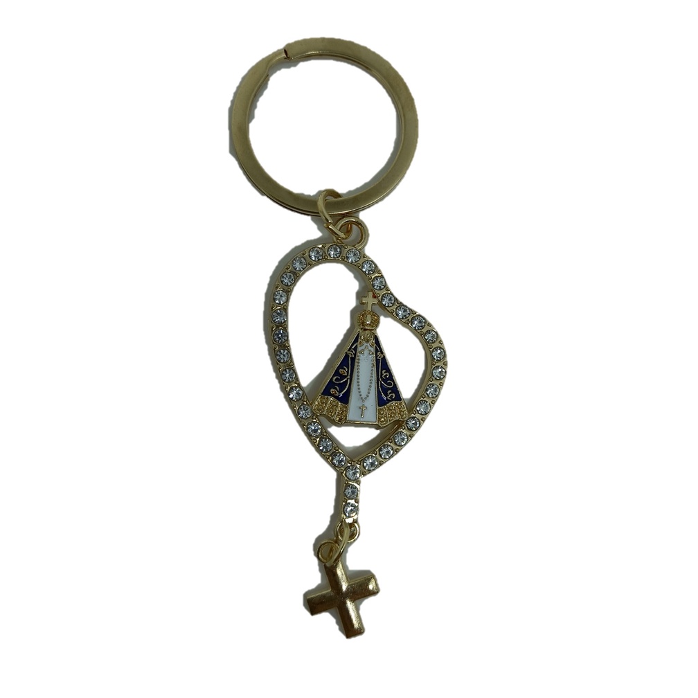 Chaveiro N.S. Aparecida formato coração com strass Dourado Católico Religioso