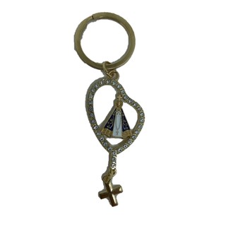 Chaveiro N.S. Aparecida formato coração com strass Dourado Católico Religioso
