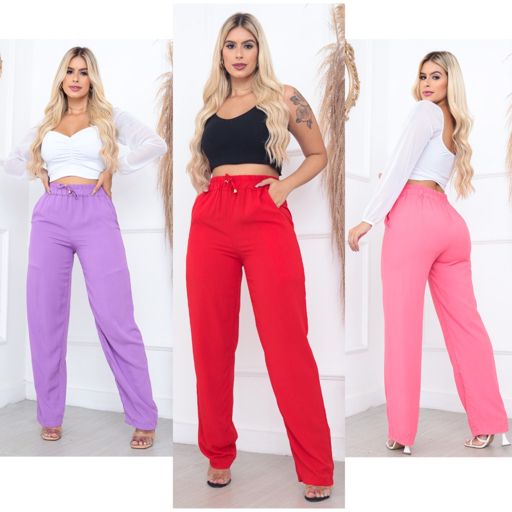 Calça Pantalona Feminina Cintura Alta Tendência Moda Envio Imediato
