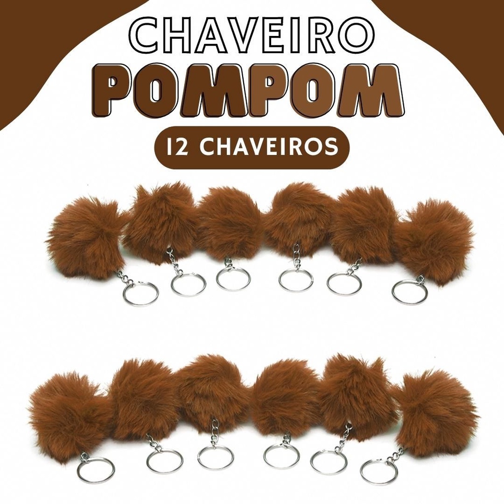 Chaveiro Pompom Pelúcia Marrom Havana 50mm - C/ 12 Unidades - BRX