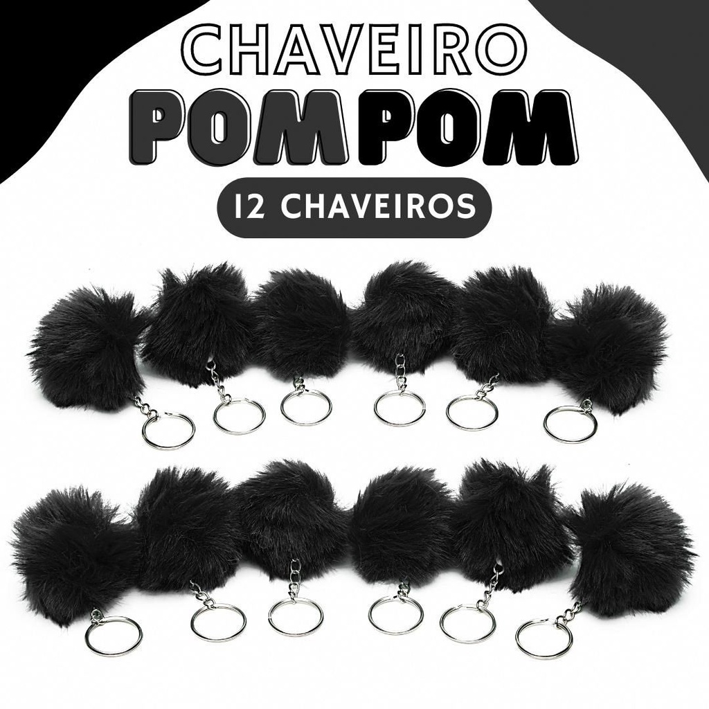Chaveiro Pompom Pelúcia Preto 50mm - C/ 12 Unidades - BRX