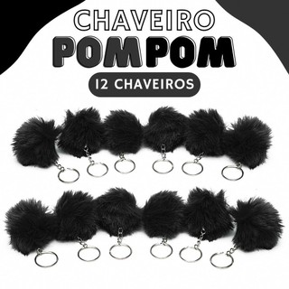 Chaveiro Pompom Pelúcia Preto 50mm - C/ 12 Unidades - BRX