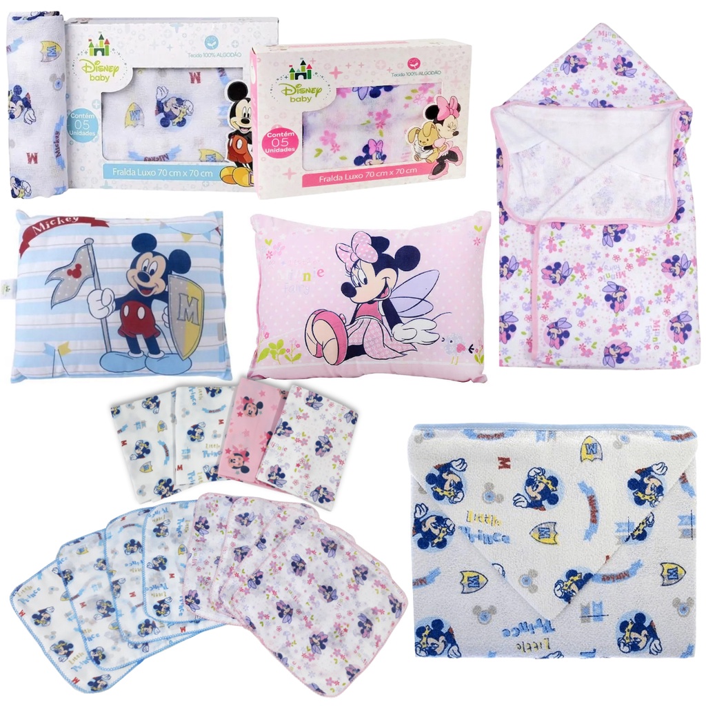 Kit Enxoval Completo Para Bebê 16pçs Edição Disney 5 Fraldas de Pano 1 Travesseiro 7 Fraldas de Boca 1 T. Banho 2 Cueiro em Oferta na Shopee