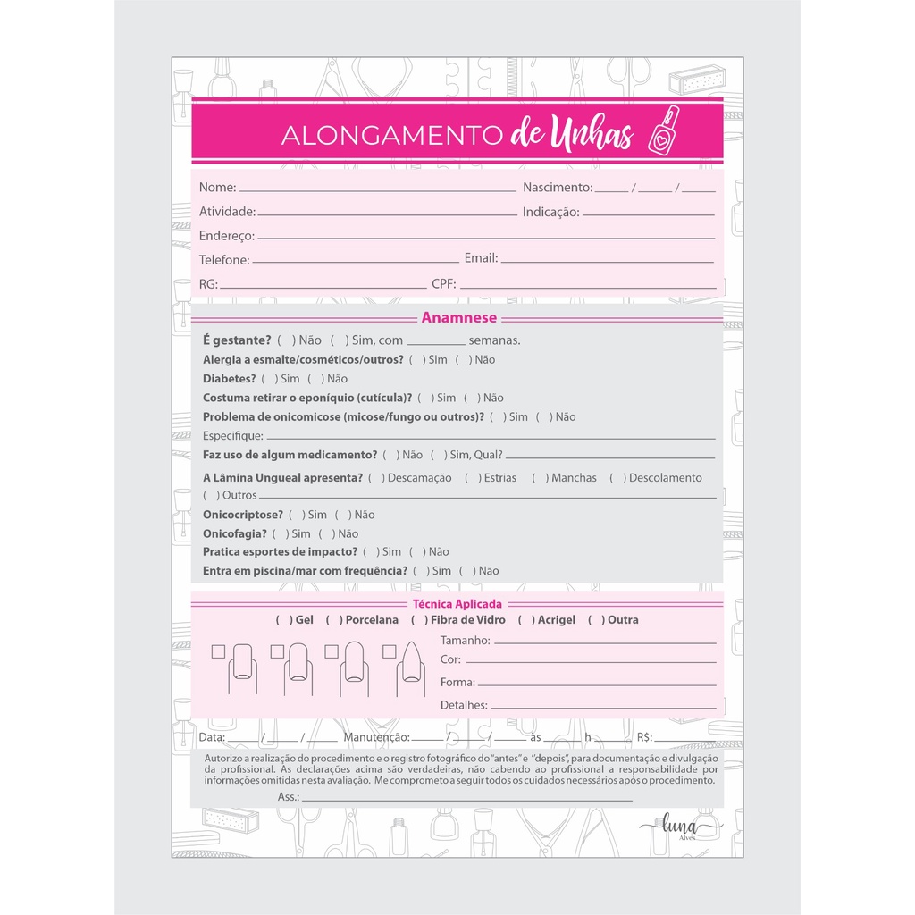100 Ficha Anamnese Nails Design Alongamento Unha Bloco 100 Folhas 15x21 Envio Imediato