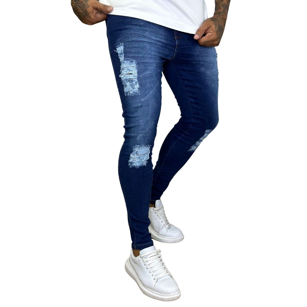 Calça Super Skinny Masculina Rasgada Destroyed Jeans Com Lycra