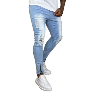 Calça Jeans Com Ziper Na Perna Super Skinny Masculina Com Elastano