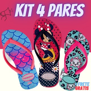 Kit 4 Pares Chinelo Sandália Infantil Feminino Confortável Feminina Estampas Sortidas