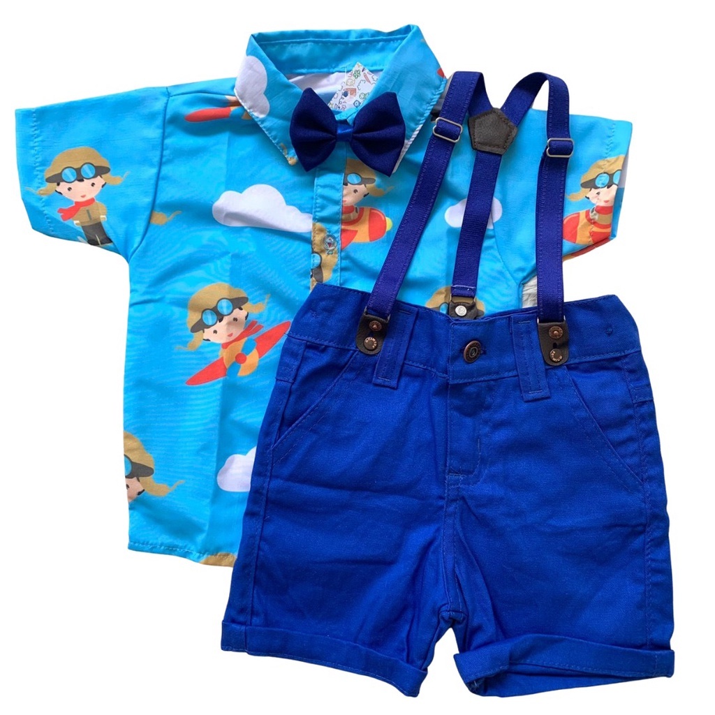 Conjunto Temático Desenho Aviãor para Criança Roupa Infantil Festa de Crianças Blusa Short e Suspensório
