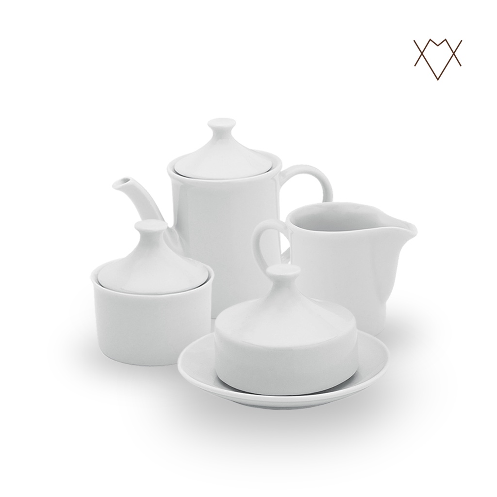 Kit Café Chá com Bule 650ml Leiteira 350ml Açucareiro 250ml e Mategueira com Tampa 110ml Porcelana Branca Louça