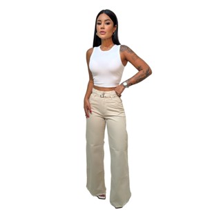 Calça Jeans Modelo Wide Leg Com Cinto Pantalona Feminina