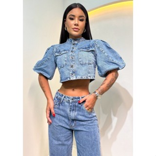Blusa Cropped Jeans Feminina Manga Balonê Com Botões