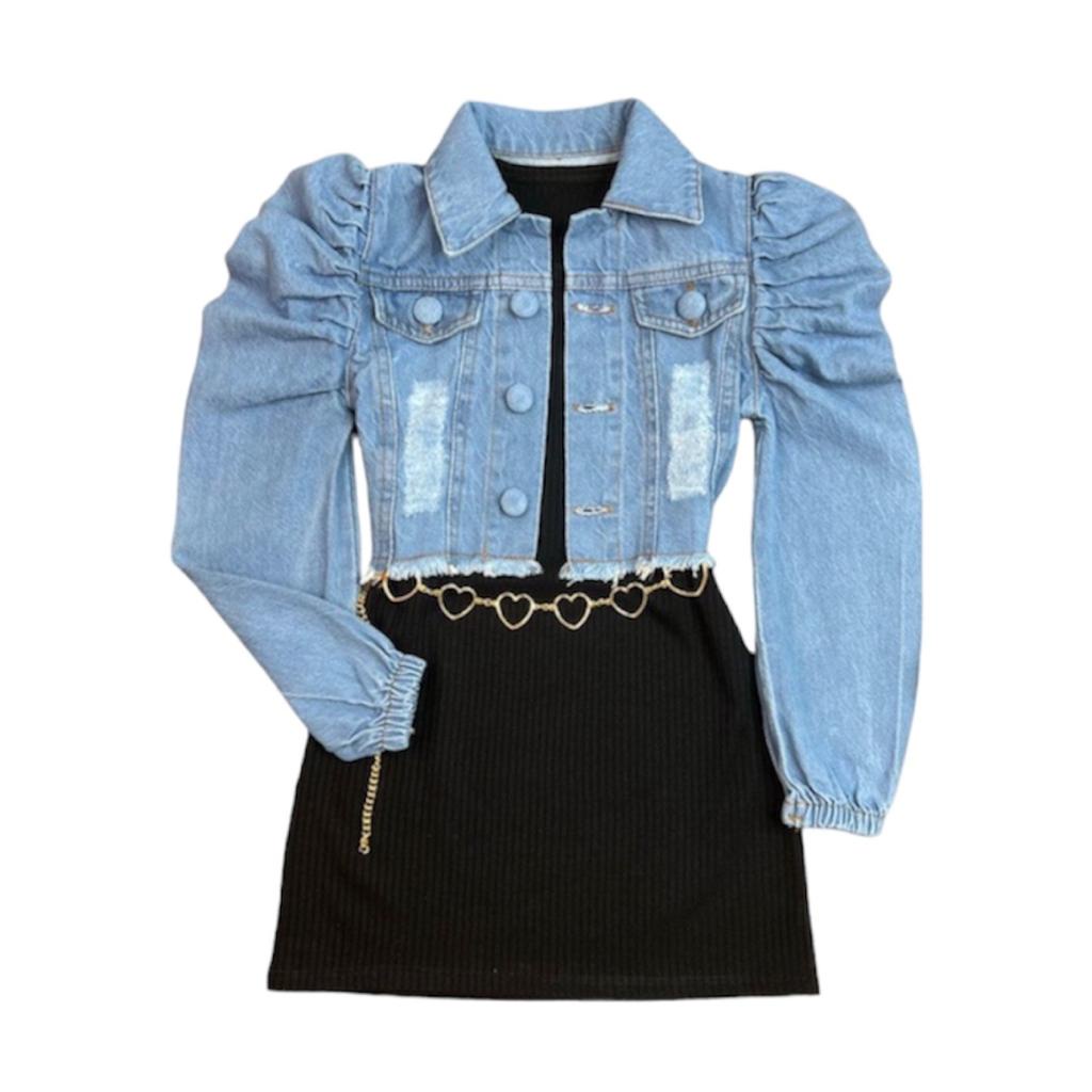 Vestidinho Infantil E Jaqueta Jeans Blogueira+ Cinto Coração em Oferta na Shopee