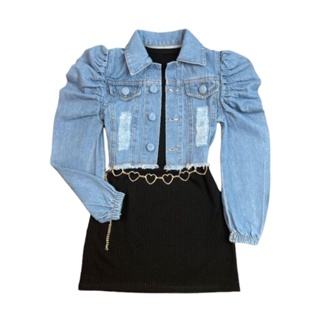 Vestidinho Infantil E Jaqueta Jeans Blogueira+ Cinto Coração em Oferta na Shopee