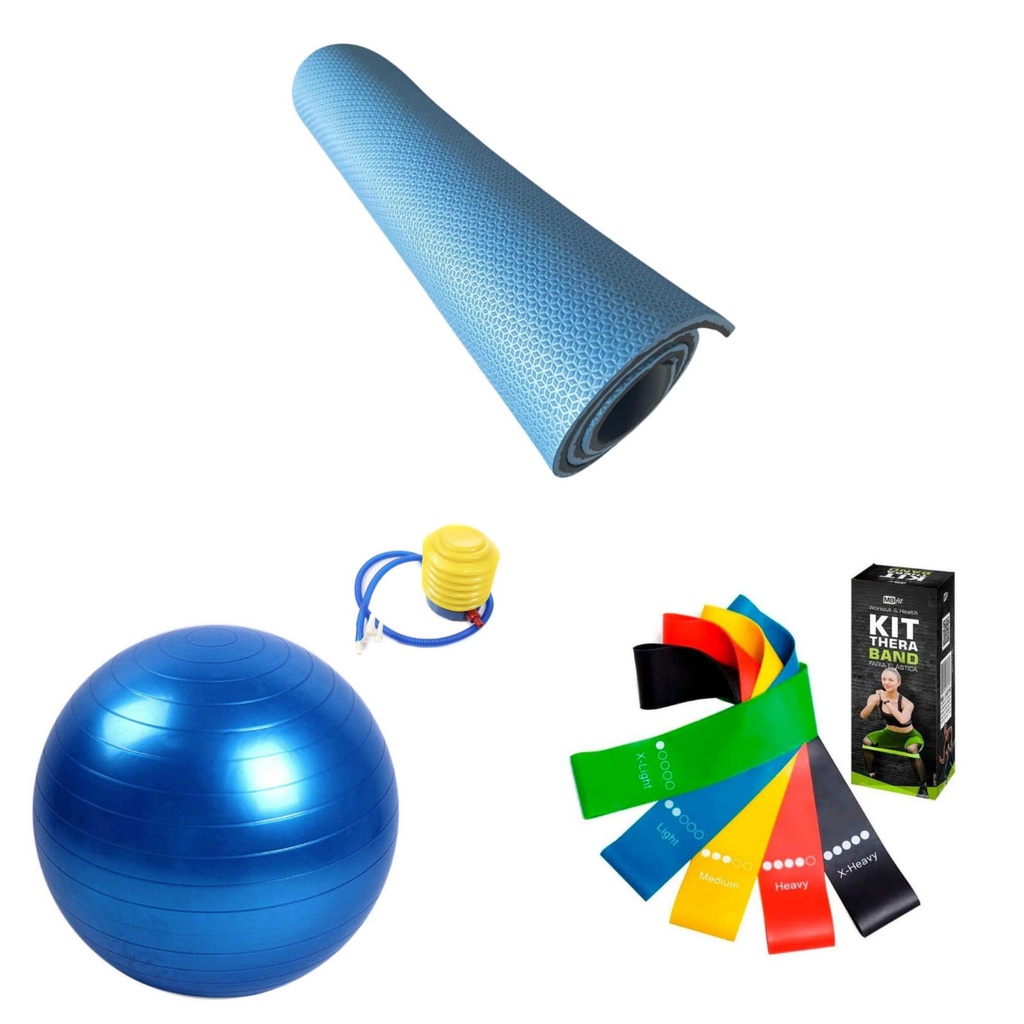 Kit Bola de Pilates de 55 cm + Tapete Eva + Kit Theraband