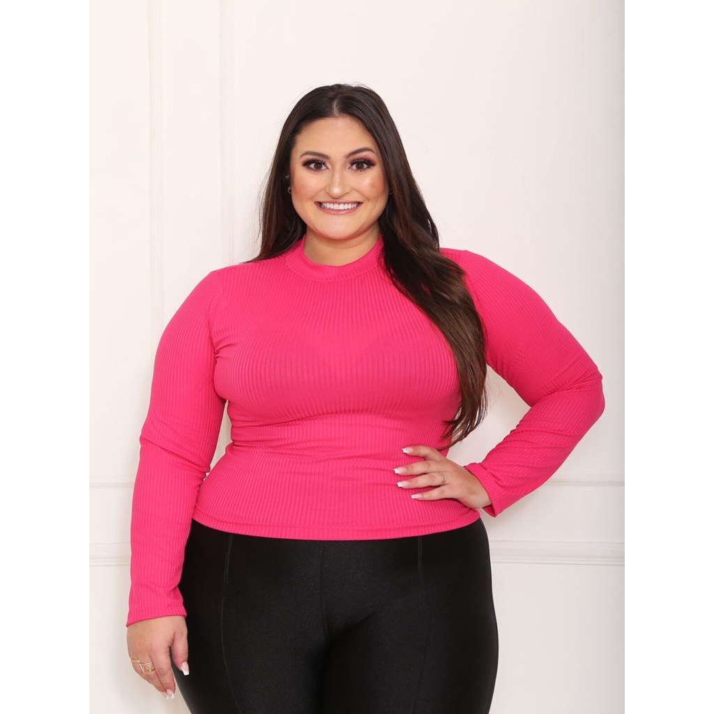 Blusa Feminina Malha Canelado Plus Size Gola Alta Manga longo Tecido Bom Elastano
