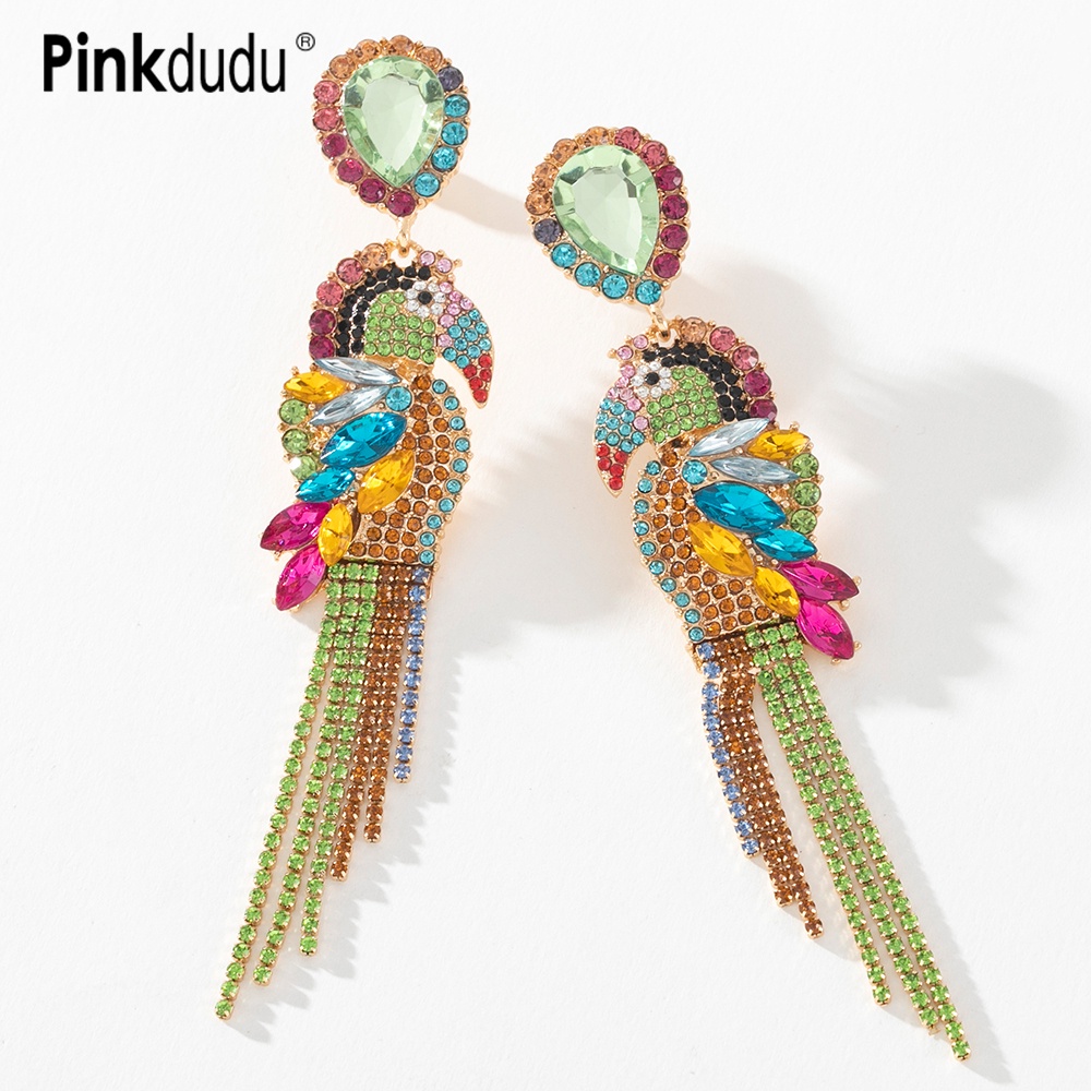 Pinkdudu Fashion Long Tassel Brincos Multicolor Crystal Dangle Declaração De Pássaros Rhinestone Drop Parakeet Para Mulheres PD208