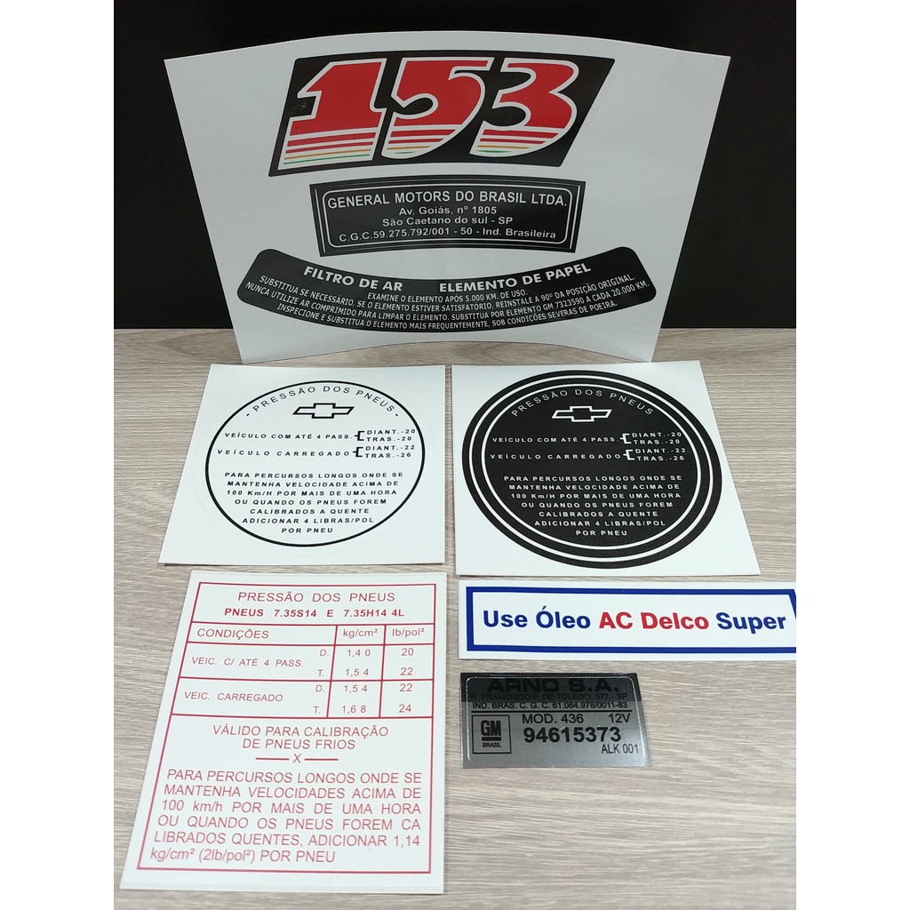 Kit Completo De Adesivos Opala 4cil. Motor 153 (Motor Vermelho 4cil. Opala Até 1973) - Selos E Adesivos Do Cofre, Motor E Lataria