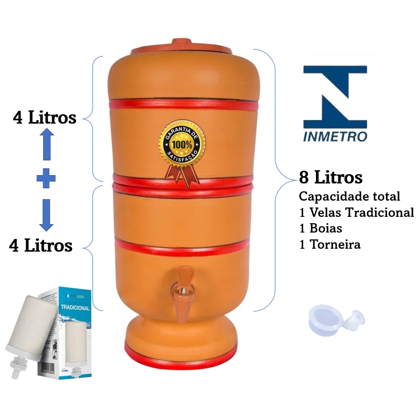 Filtro De Barro Especial Capacidade de 08 Litros ( 04 litros na parte cima + 04 litros na parte baixo ) com Vela Boia e Torneira