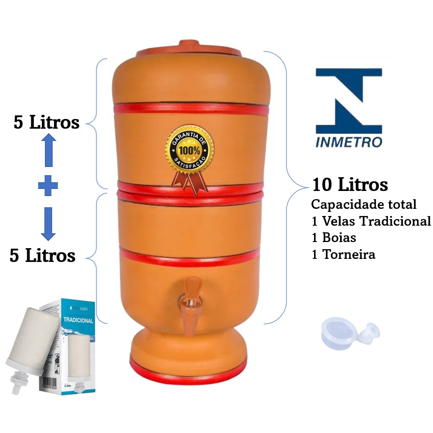 Filtro De Barro Especial Capacidade de 10 Litros ( 05 litros na parte cima + 05 litros na parte baixo ) com Vela Boia e Torneira