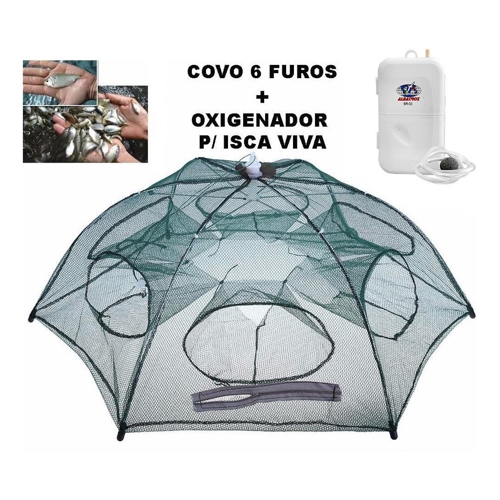 Covo Armadilha Com 6 Entradas P/ Peixes Pequenos Tipo Lambari Camarão Tilápia + Oxigenador Para Manter a Isca Viva