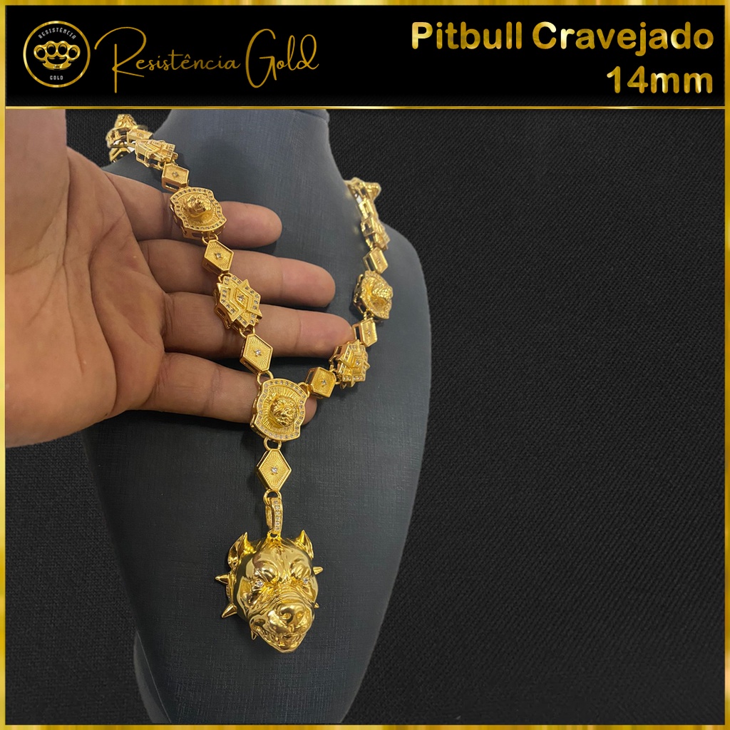 Cordão modelo Pitbull Cravejado 70 cm com 14mm com Pingente Pitibull Cravejado