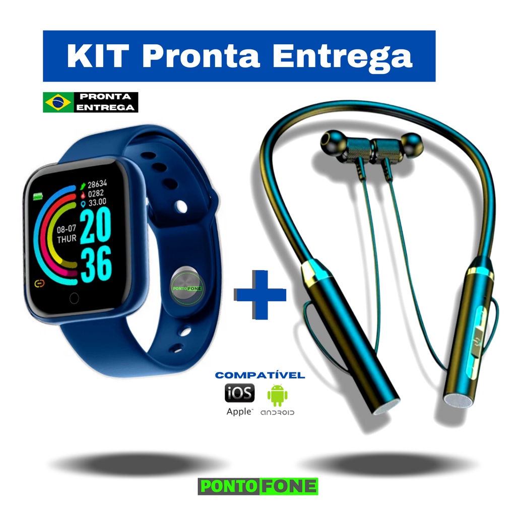 SmartWatch D20 Y68 + Fone Sem B7 Xt11 Bluetooth - Android iOS Kit Relógio e Fone de Ouvido Sem Fio