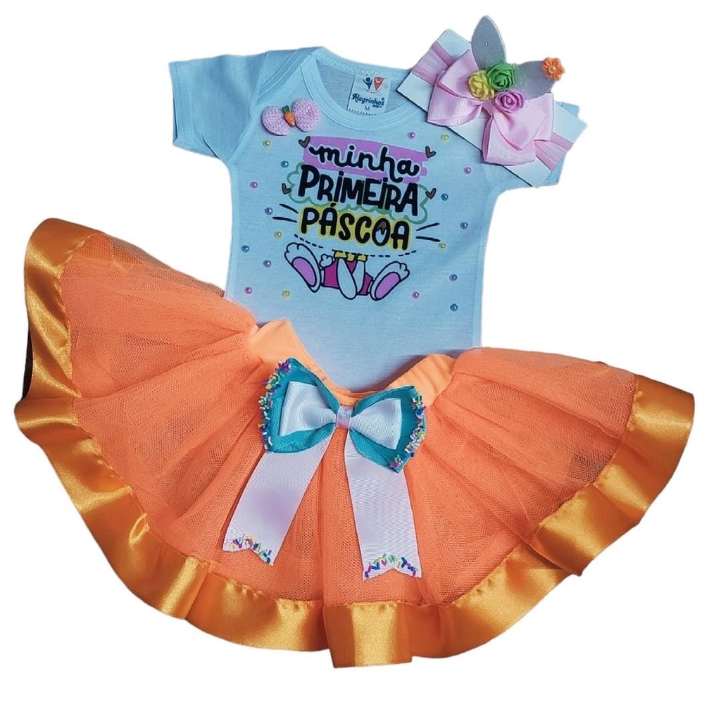 Conjunto Tutu C/ Body Minha 1° Pascoa Mesversario Fantasia Menina Com Laço