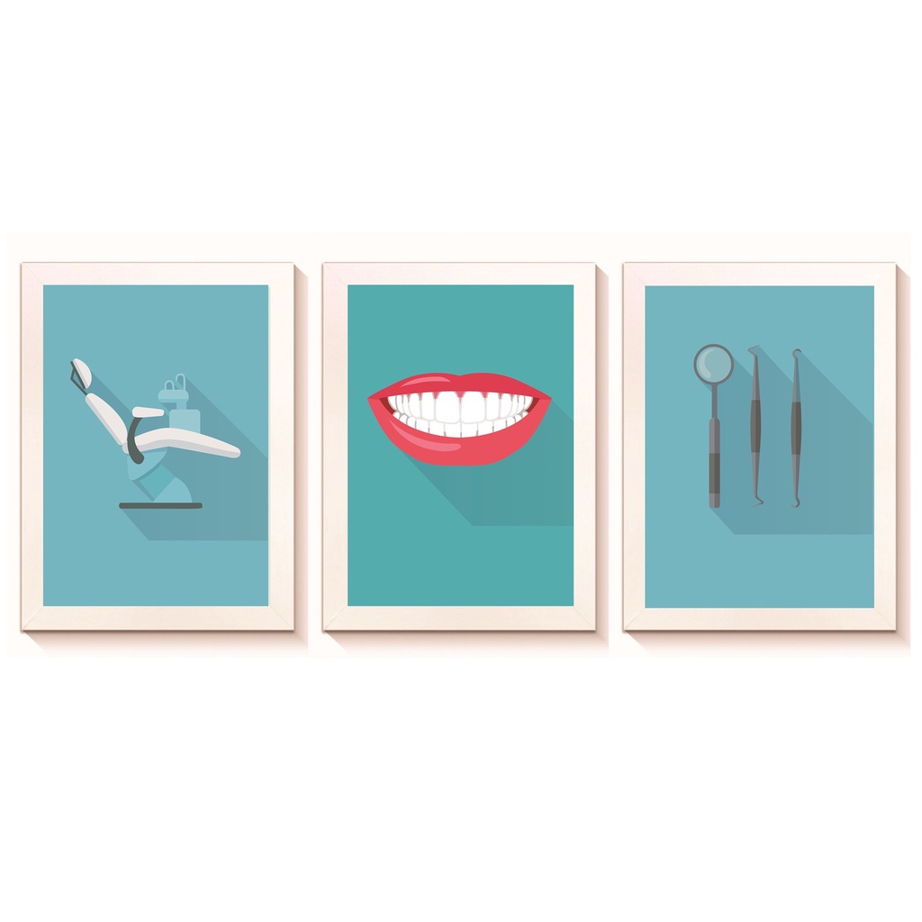 Kit 3 Quadros Decorativos Odontologico Equipo Odontologico 20x30cm Molduras Madeira Vidro Brancas