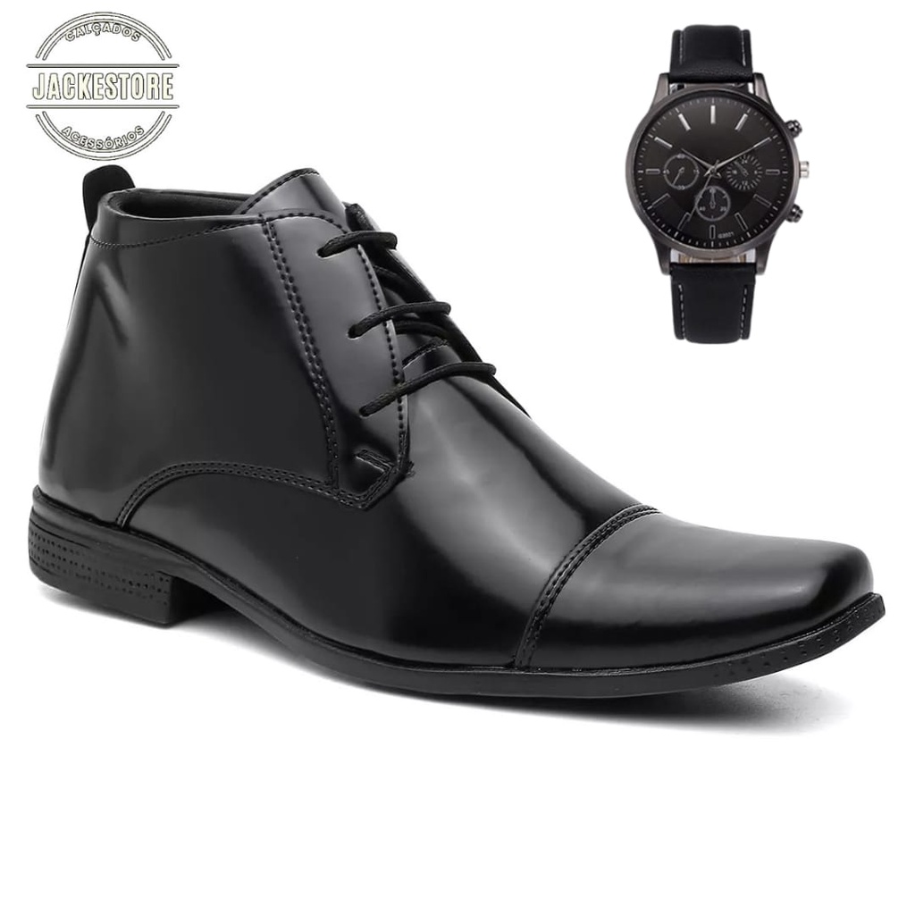 Sapato Social Masculino Cano Medio em Verniz Lançamento + Relógio de Ponteiro