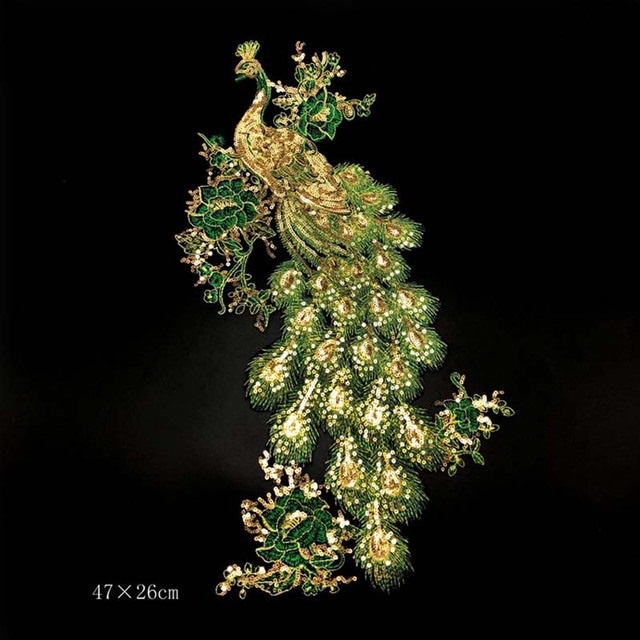 Pavão Verde com Dourado Bordado com Paetê Adesivo de Roupa Aplique Patch Termocolante