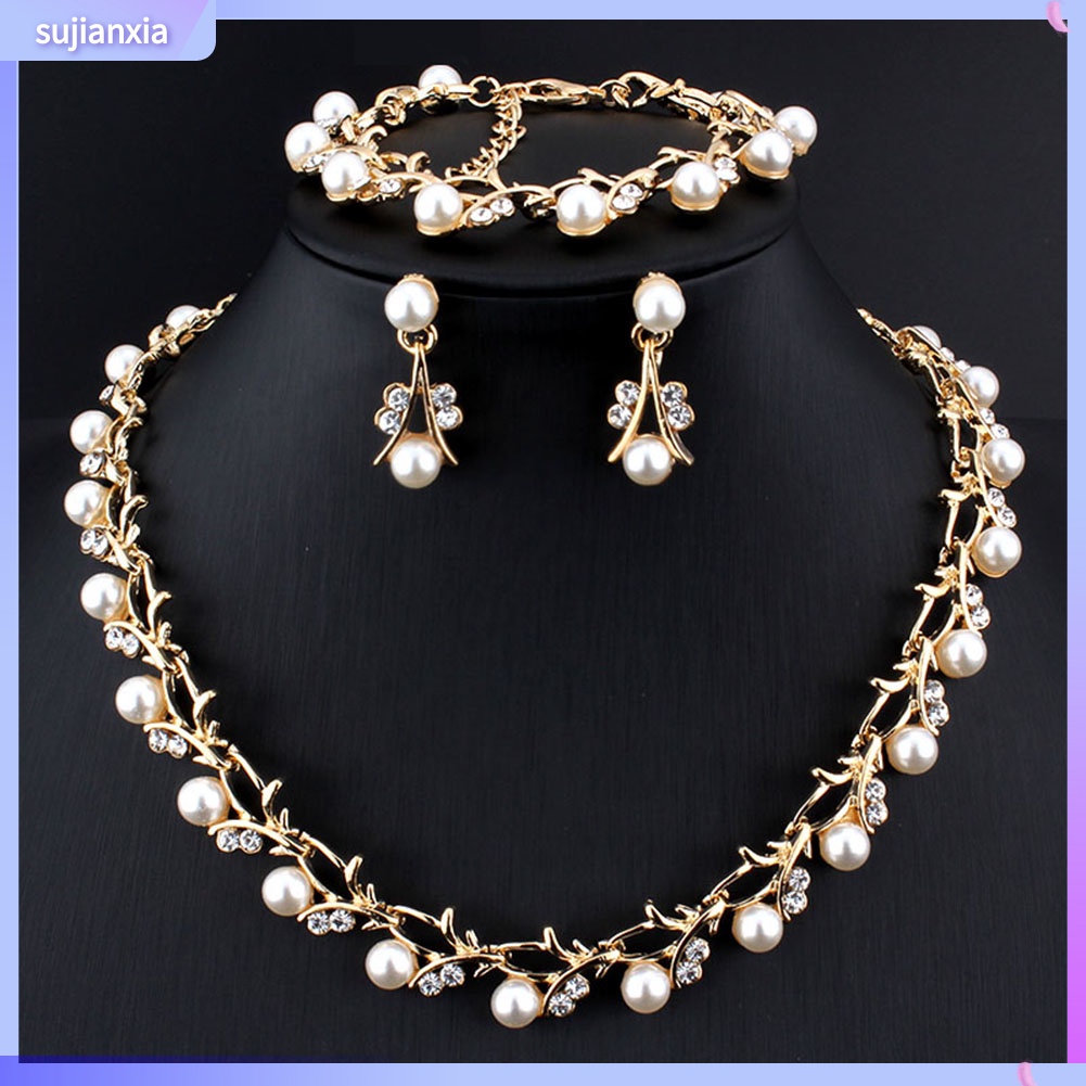 sujianxia Joia De Noiva/Pulseira/Brinco Elegante Com Imitação De Pérola E Strass