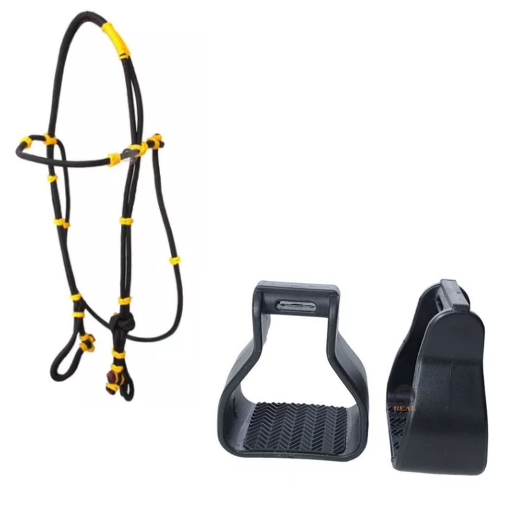 Cabeçada De Cordinha Com Tranças Artesanais Para Cavalo Mula + Estribo De Pvc Com Antiderrapante Para Selas E Arreios