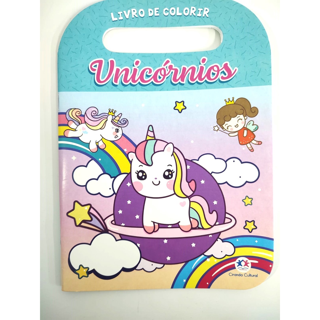 kit 3 Livro de colorir estilo maleta com alça. Tema Unicórnio, Historias Bíblicas e Valor da Amizade.