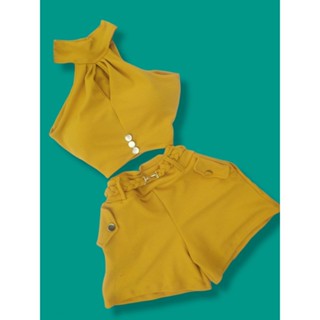 Conjunto de Short Cós alto Malha e Cropped Top com Bojo