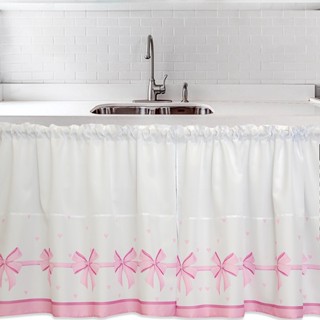 Cortina P/ Pia e Balcão Modelo Passa Varão 2,20m x 80cm de Altura - Coleção Laço Rosa e coração cor de Rosa - Pink