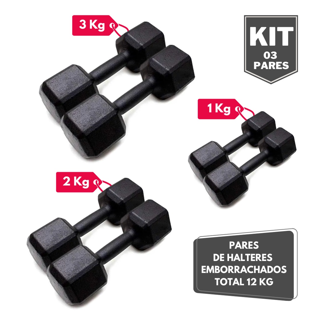 Kit Par Halter Sextavado Pintado 1 2 e 3 Kg - Total 12 Kg