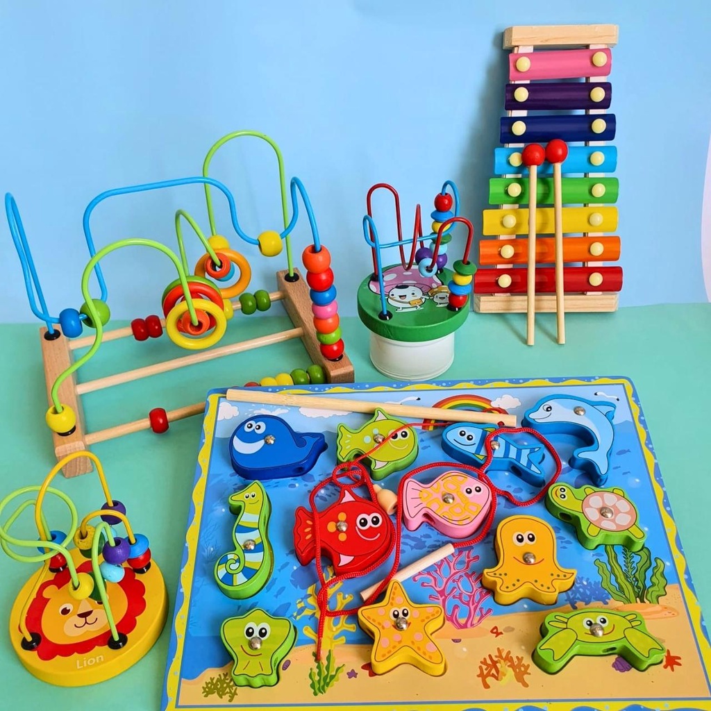 Brinquedos Educativos Infantil Pedagógico de Madeira Encaixe Pescaria Quebra Cabeça Aramado Xilofone