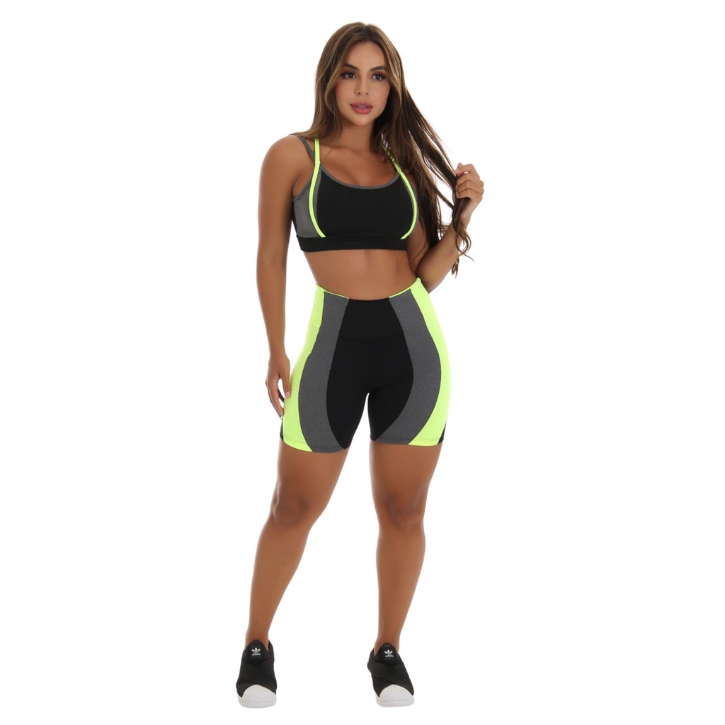 Conjunto Fitness  Detalhe Em Neon (Bermuda + Top C/Bojo) 10915/10919 em Oferta na Shopee