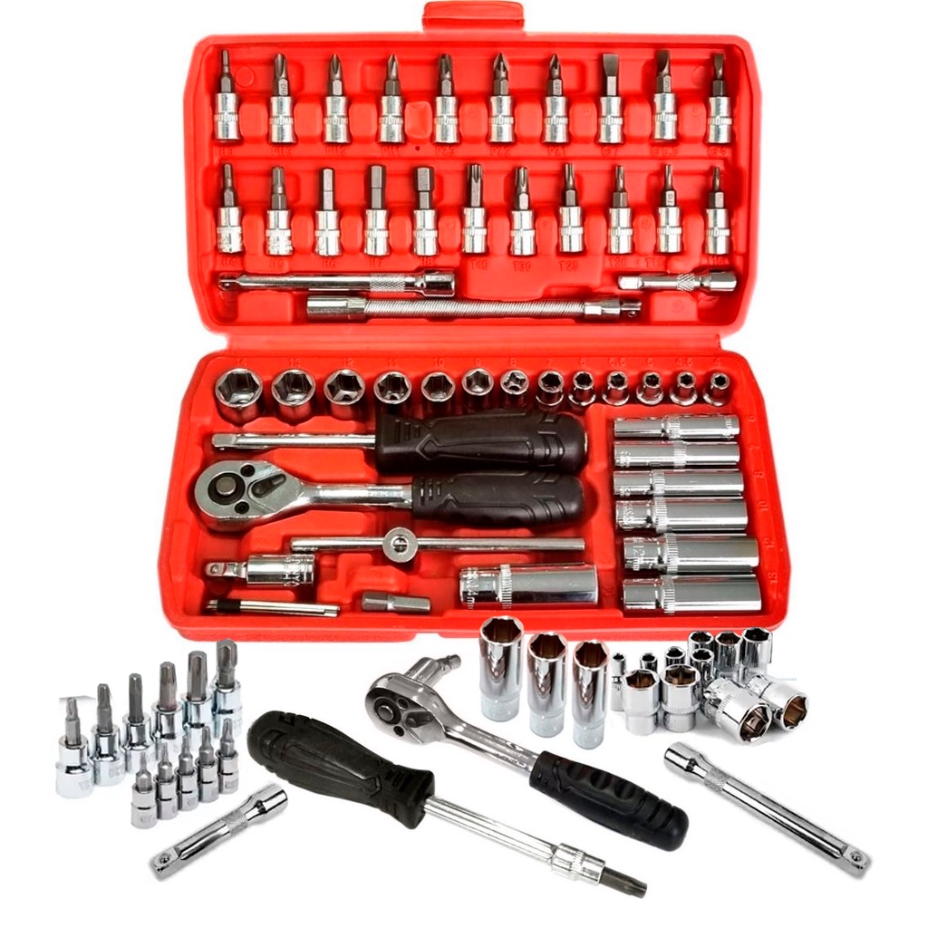 Kit Jogo Ferramentas Com Chave Catraca Reversível + Soquetes + Bits Em Aço Cr-V 53 Pçs Profissional