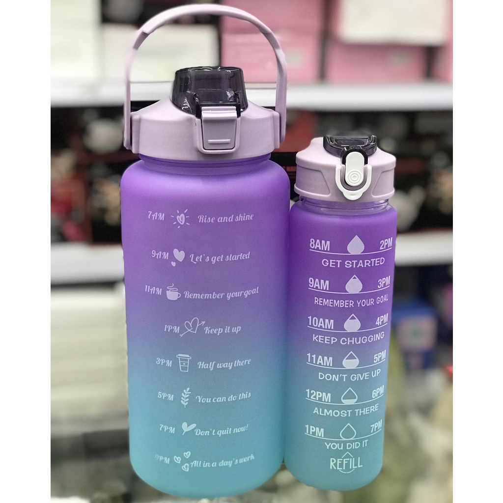 Kit 2 Garrafas De Água Motivacional Degradê 2Litros e 800ml Squeeze Com Canudo E Adesivos 3D
