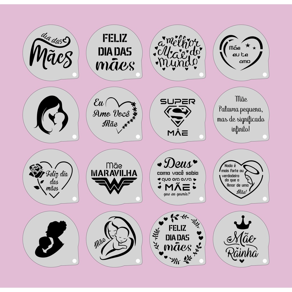 kit Stencil dia das Mães 16 Moldes 7x7cm ,