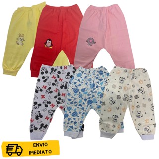 kit com 3 calças / mijão bebê enxoval estampada ou lisa