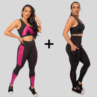 Kit 2 Conjuntos Top e Calça Legging Com Bolso Cintura Alta Detalhe Suplex Feminino Fitness Academia F7NewStyle
