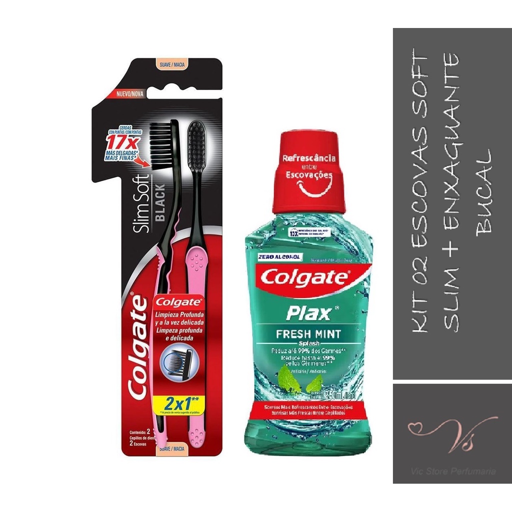 Kit Escova Dental Colgate Slim Soft Black 2 Unidades + Enxaguante Bucal Colgate Fresh Mint 250ml em Oferta na Shopee