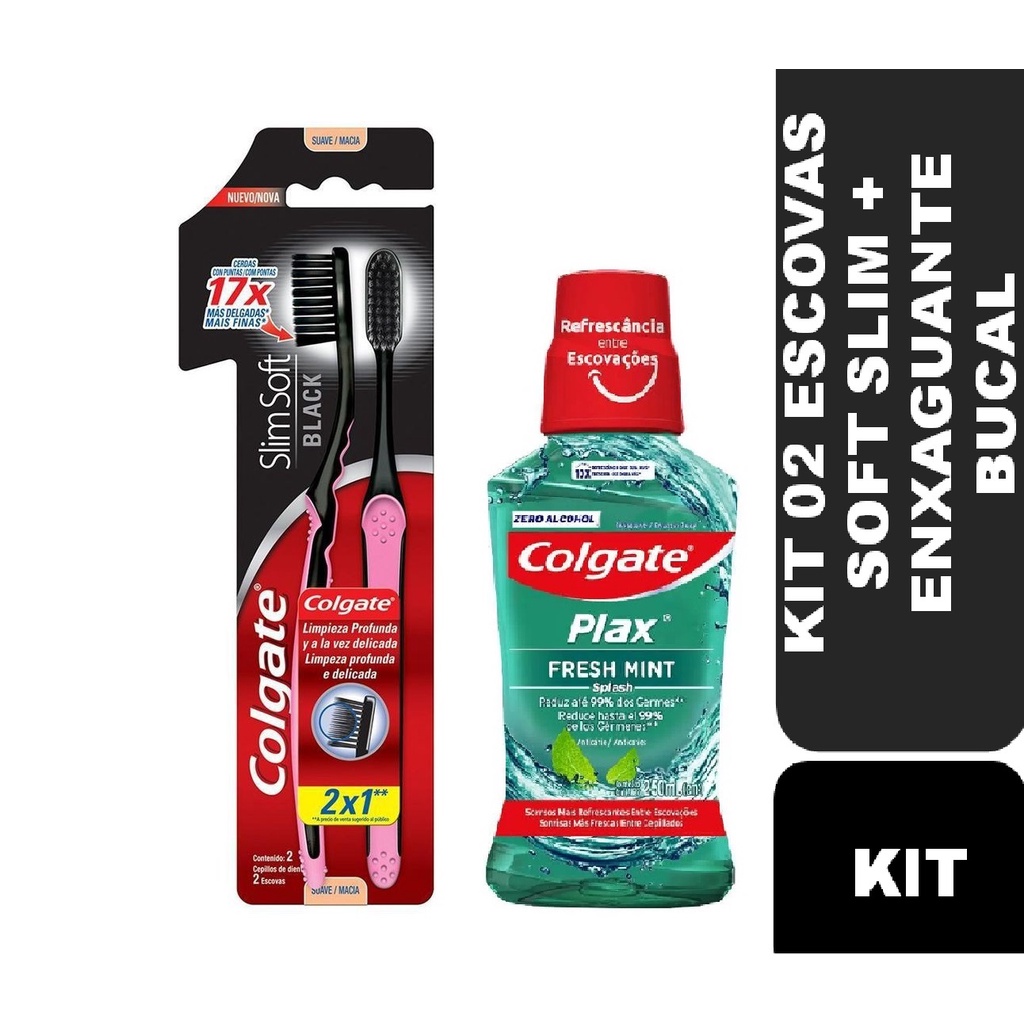 Kit Escova Dental Colgate Slim Soft Black 2 Unidades + Enxaguante Bucal Colgate Fresh Mint 250ml
