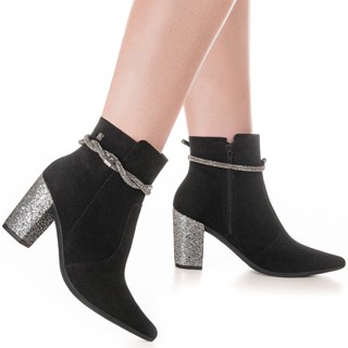 Bota Feminina Glam Bico Fino Salto Alto Tira com Strass Brilho Glíter Tela Gigil